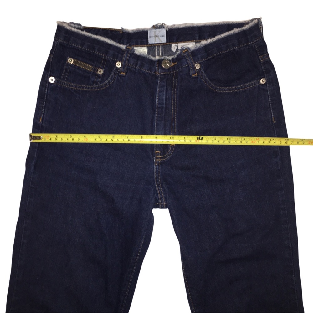 Highrise Flare Jeans, Distressed Denim, Frayed Waist/Hem, Dark Calvin Klein Sz 7 - Picture 12 of 13